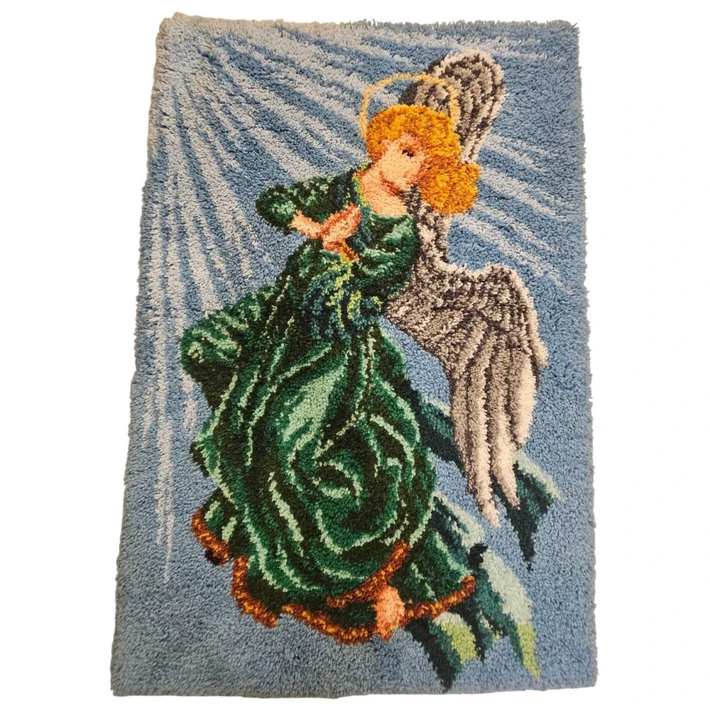 Vintage Angel Tapestry Latch Rug Wall Hanging Textile Art Halo Wings 52x36in